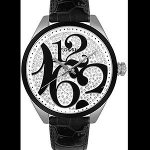 FOSSIL Glitz Swarovski Black Leather Strap Watch